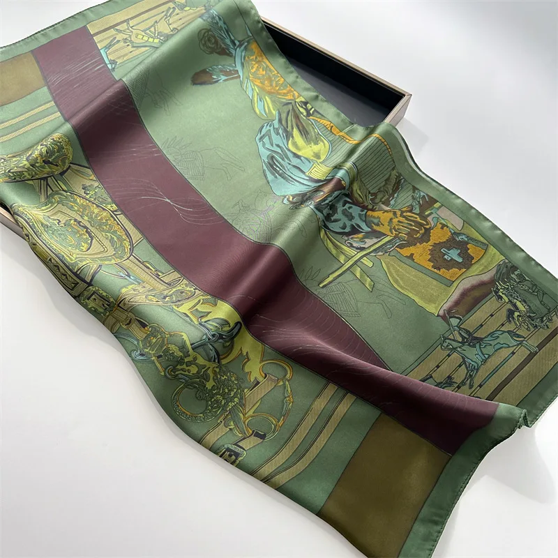 2024 Spring/Summer Retro Horse Print Neckerchief 70*70cm Green Square Scarf Women’s Breathable Imitation Silk Bandannas