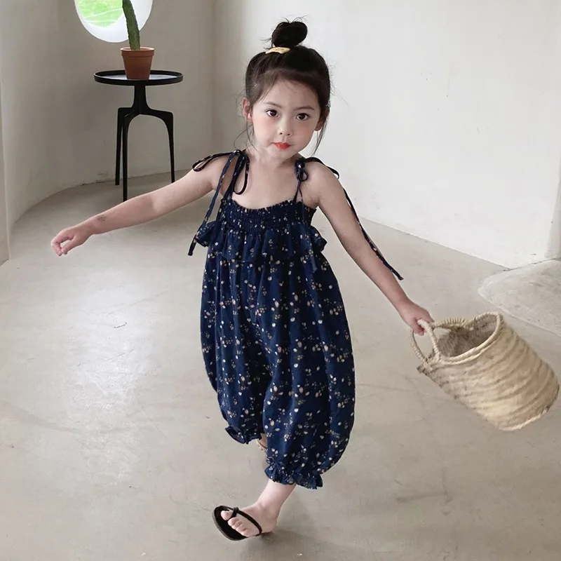 Girls Summer Casual Floral Cotton Overall Pant Holiday Style Baby Kids Children Jumpsuit Trousers 3-8Years Children Bodysuit