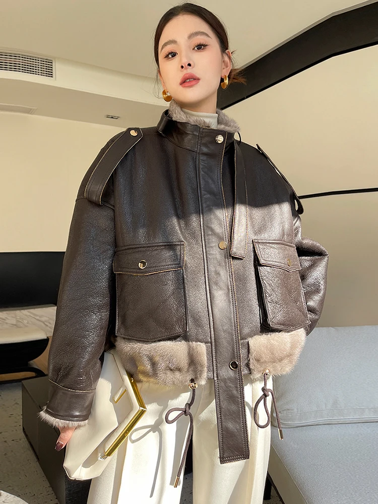 

High-end Luxury Cropped Real Merino Fur Jackets for Women 2024 New Trend Simple Natural Mink Fur Collar Winter Real Fur Coat