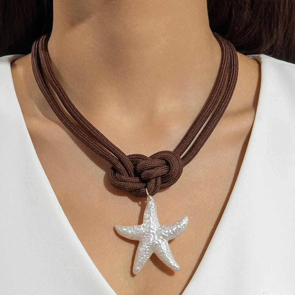 Exaggerated Bow Pearl Knotted Design Necklace Trendy Colorful Drawstring Pendant Leaves Starfish Scallops Chunky