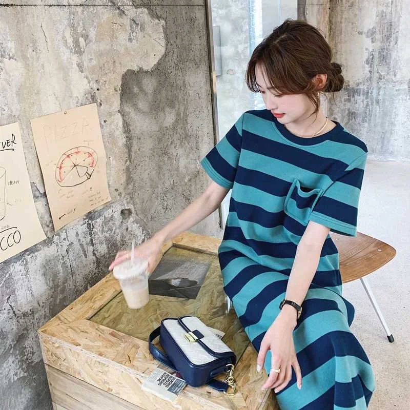 Été nouveau femmes rayé ort Sve t-shirt Dr décontracté trajet Sle taille ample a-ligne jupe en Fiber de Polyester