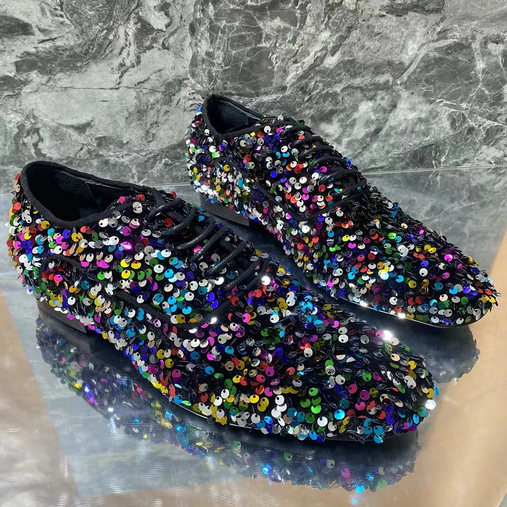 

Colorful Sequined Performance Shoes Round Toe Lace-Up Exaggerated Personality Men's Shoes Large Size Fashion Casual Shoes