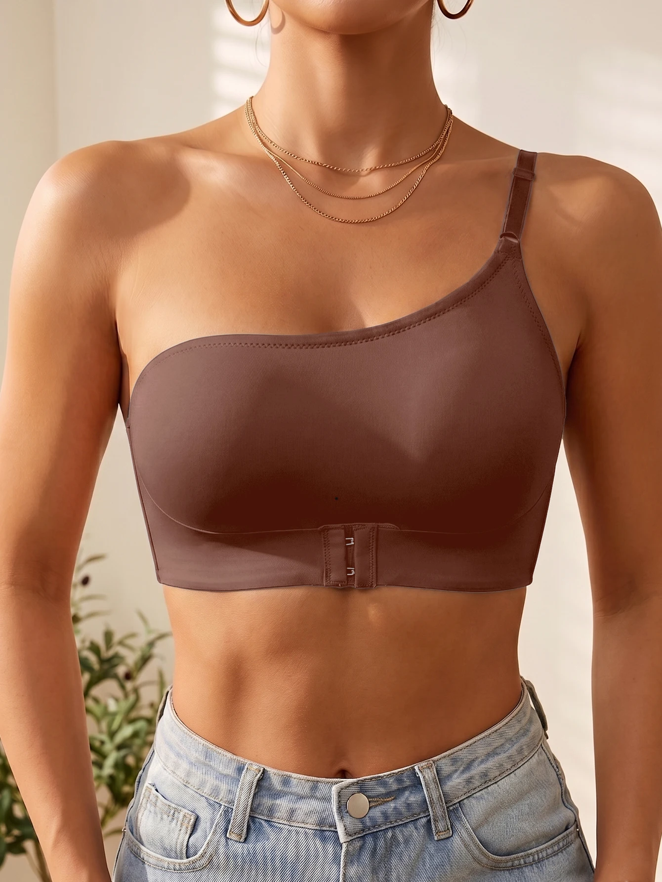 Nahtloser One-Shoulder-BH für Damen mit Frontverschluss, bequem, ohne Futter, kabellose Unterwäsche – Detail 18
