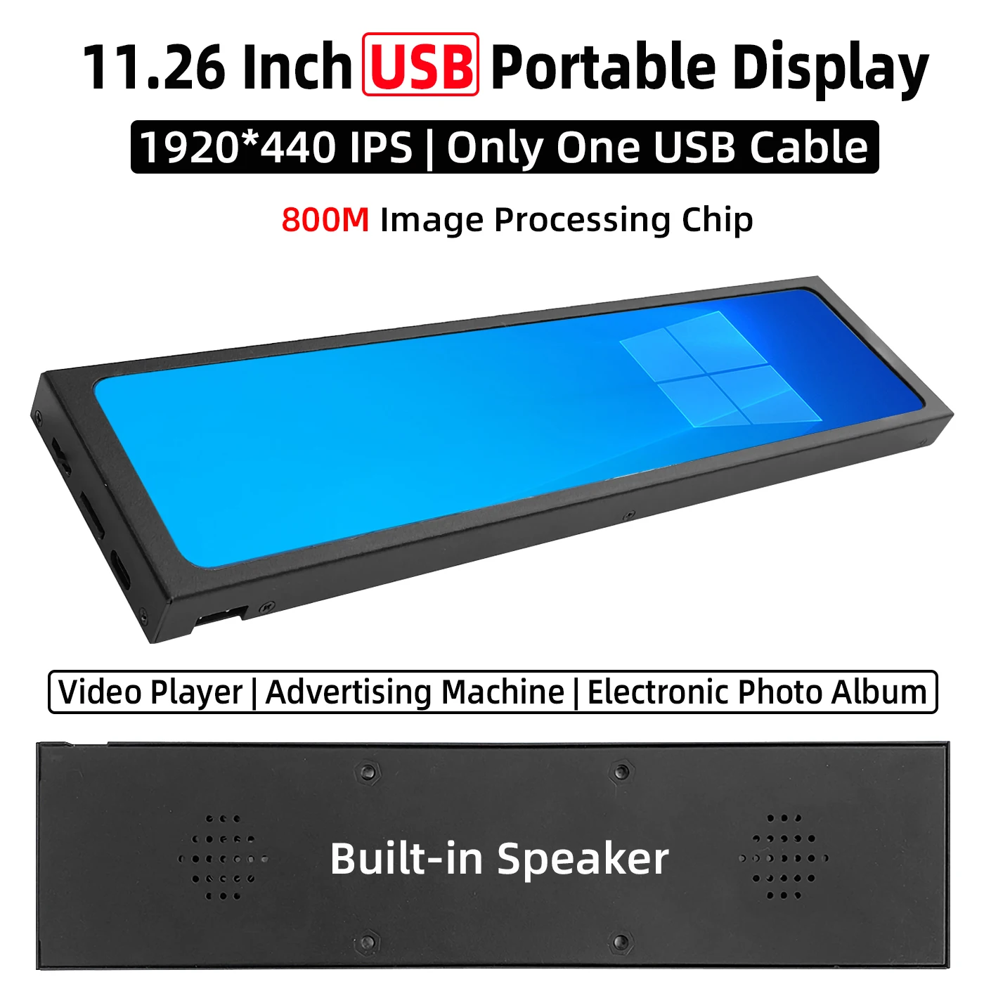 11.26 Inch USB Portable Display 1920x440 IPS LCD TF Card Play Stereo Advertising Screen Type-C Electronic Photo Album Monitor