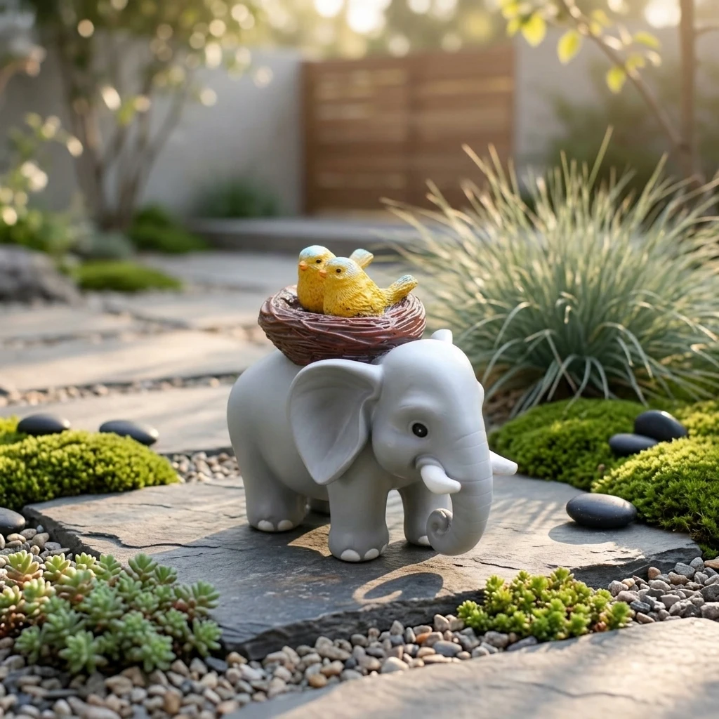 Resin Elephant And Yellow Bird Ornament For Outdoor Garden Decoration Craft