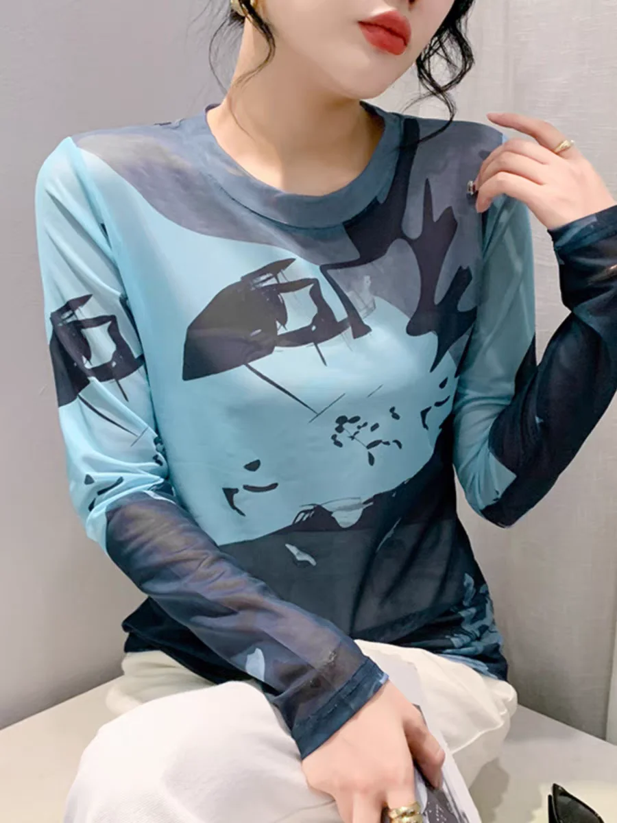 T-shirt manches longues col rond femme, slim, maille monocouche, transparent, été