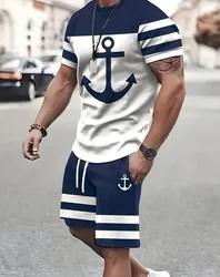 Navy anchor pattern men's set 3D printed summer outdoor short sleeved T-shirt+pants two-piece casual sports plus size men's set