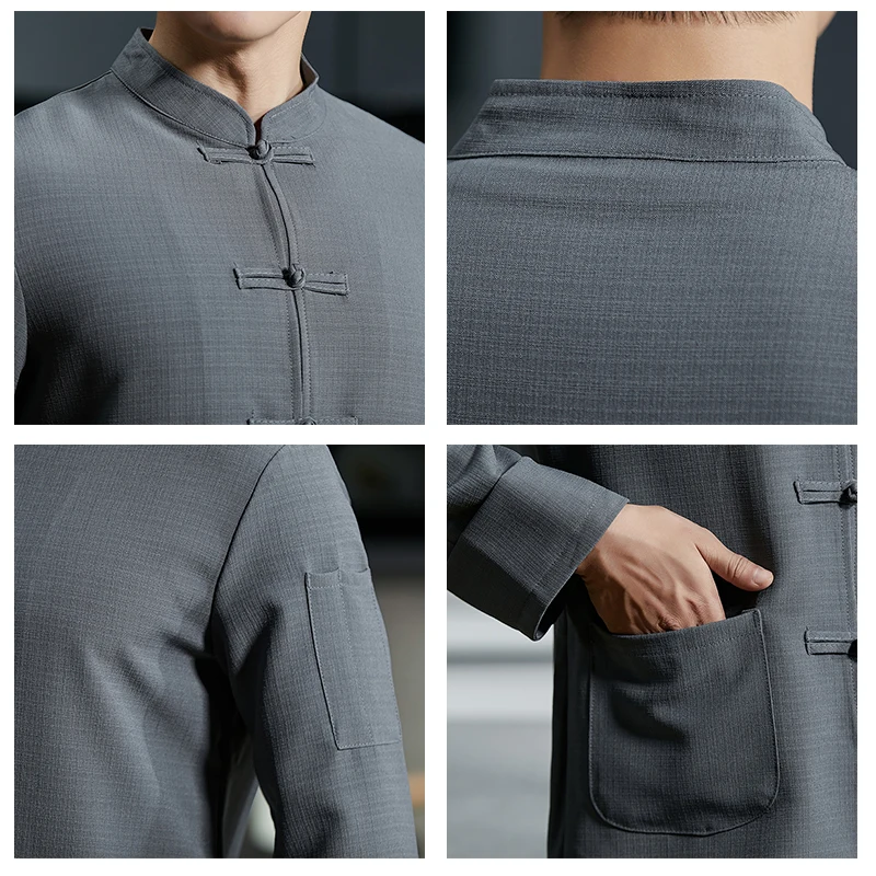 เสื้อเชฟผ้าลินินสีเทา เสื้อแจ็คเก็ตครัวสีดำขาว ชุดยูนิฟอร์มสำหรับงานจัดเลี้ยง โรงแรม ซูชิ เสื้อเชฟร้านอาหาร ชุดทำงานร้านเบเกอรี่ เสื้อพนักงาน