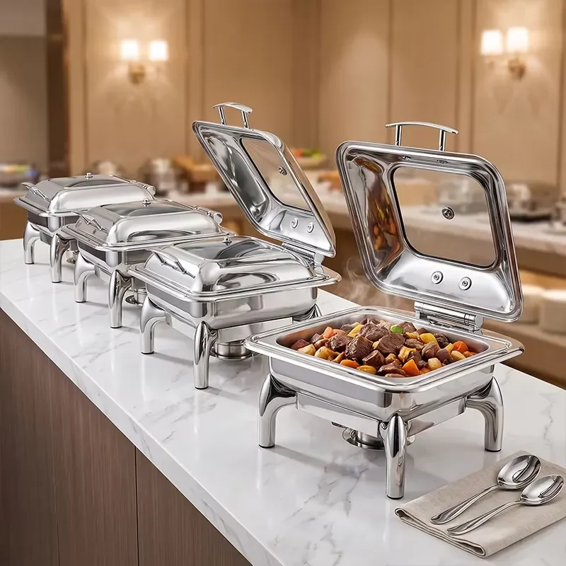 Stainless Steel Square Buffet Stove Warmer Visible Glass Lid Hydraulic Hinge Electric Plate Food Warmer for Restaurant Use