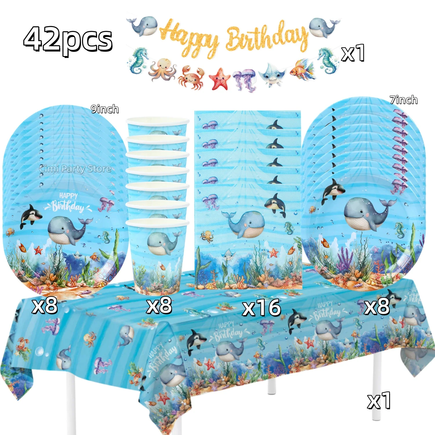 Tischdecke, Tassen und Teller zur Dekoration für eine Geburtstagsfeier mit Meerestieren, Kindergeburtstagsdeko, Geschenk für Kinder, Dekoration für eine Party im Unterwasser-Thema, Baby-Shower-Zubehör. – Detail 8