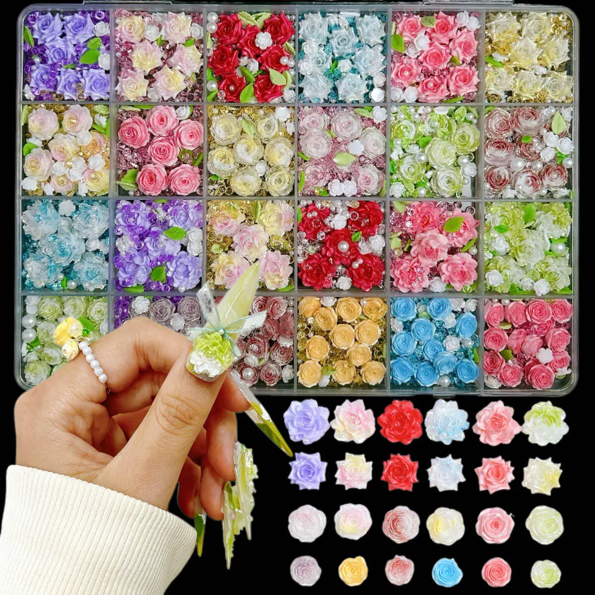 

1 Box of Fairy Style Resin Soft Flower Pearl Rhinestone Mixed Nail Charms Rose Camellia Nail Art Decorations DIY Crafts Parts