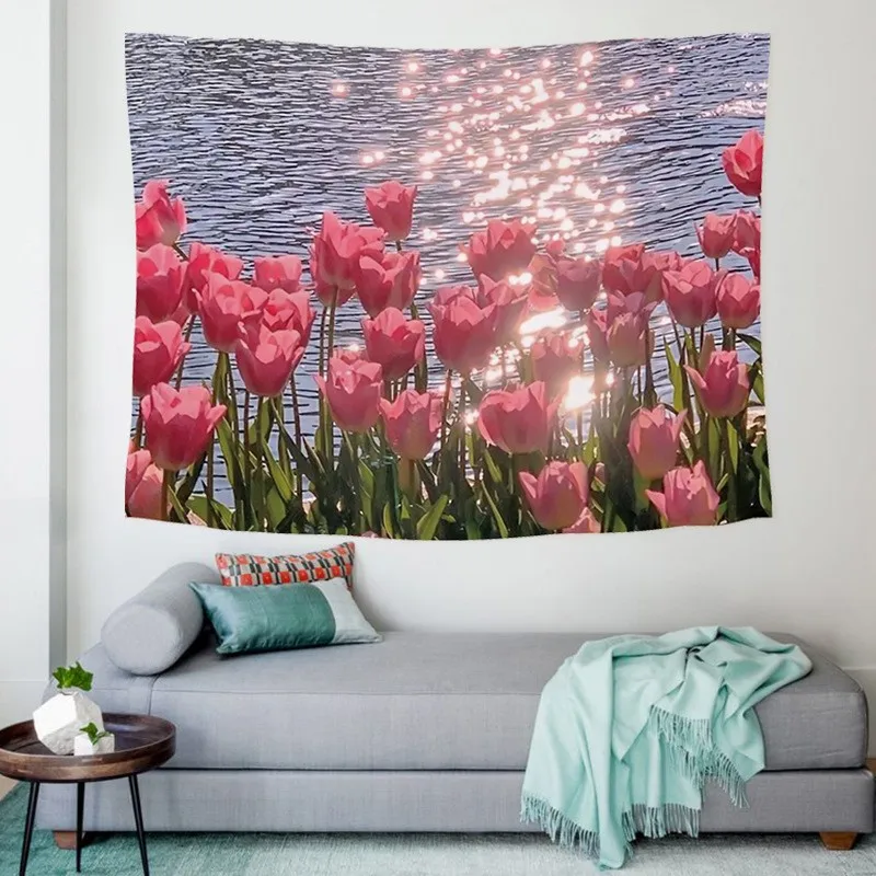 Traumhafte Himmel-Blumen-Wandteppiche, Fantasie-Wolken-Weiden-Landschaft, Wandbehang für Schlafzimmer, Wohnheim, Heimdekoration, Polyestergewebe