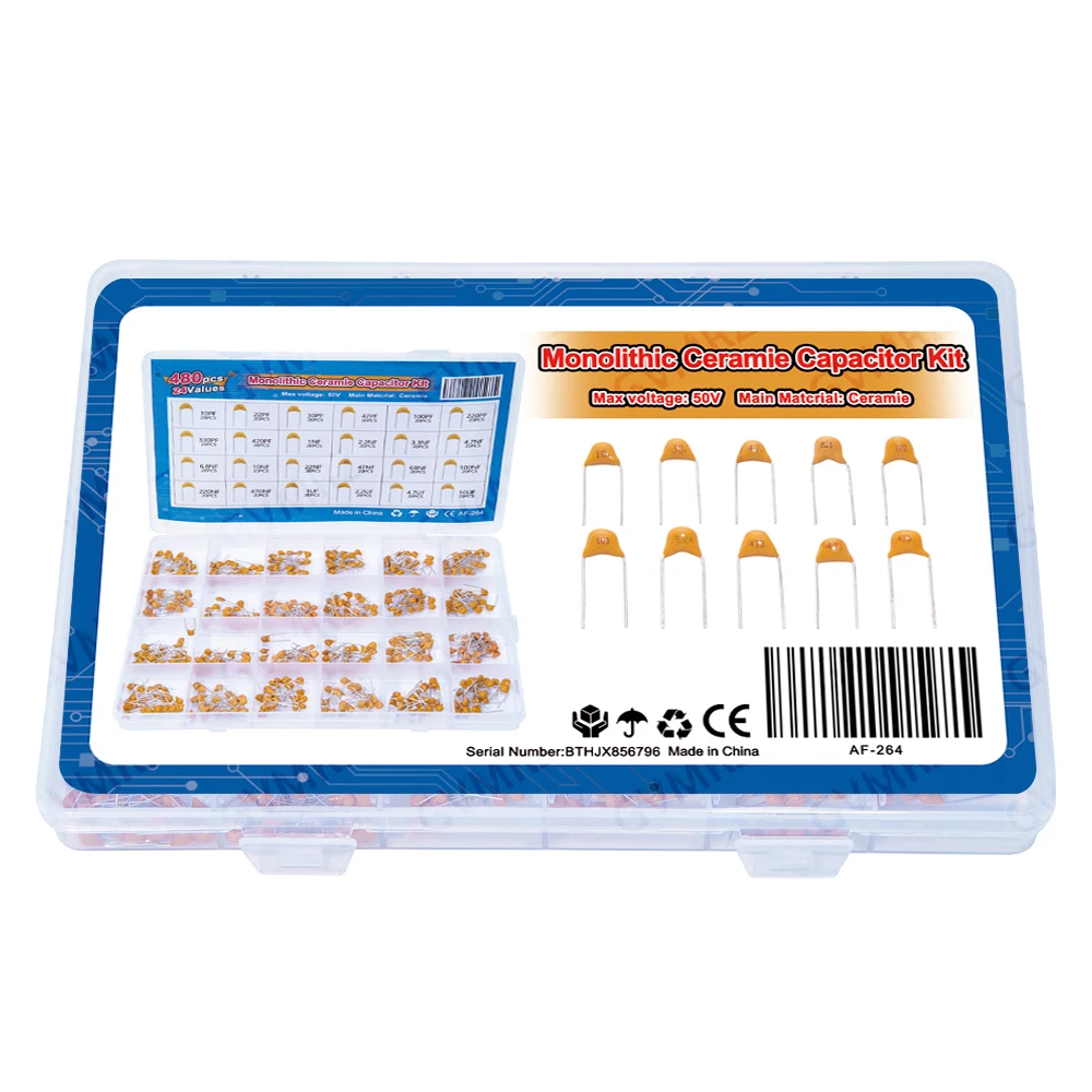 480PCS 24Values Monolithic Ceramic Capacitor Kit (10PF-10UF) Boxed for Signal Filtering Projects & Electronic Circuit Coupling