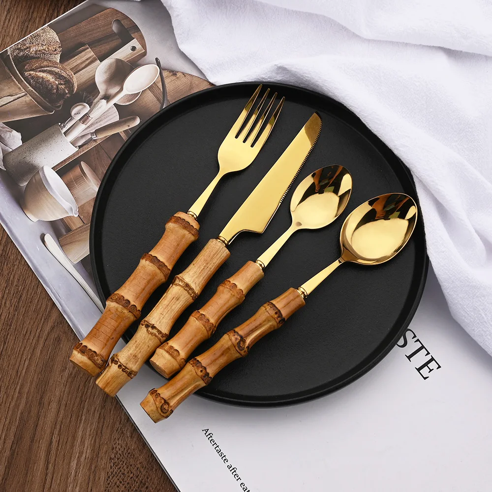 24Pcs Bamboo Cutlery Sets Stainless Steel Dinnerware Sets Gold Wooden Tableware Western Food Knife Fork Teaspoon Cutleries