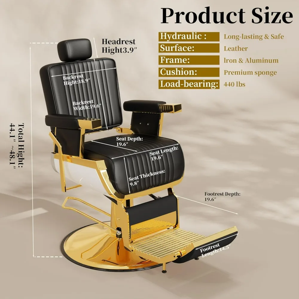 Black Gold Reclining Salon Chair with Adjustable Backrest & Lumbar Support, Elegant Design Stylist Chair, Heavy Duty Hair Barber