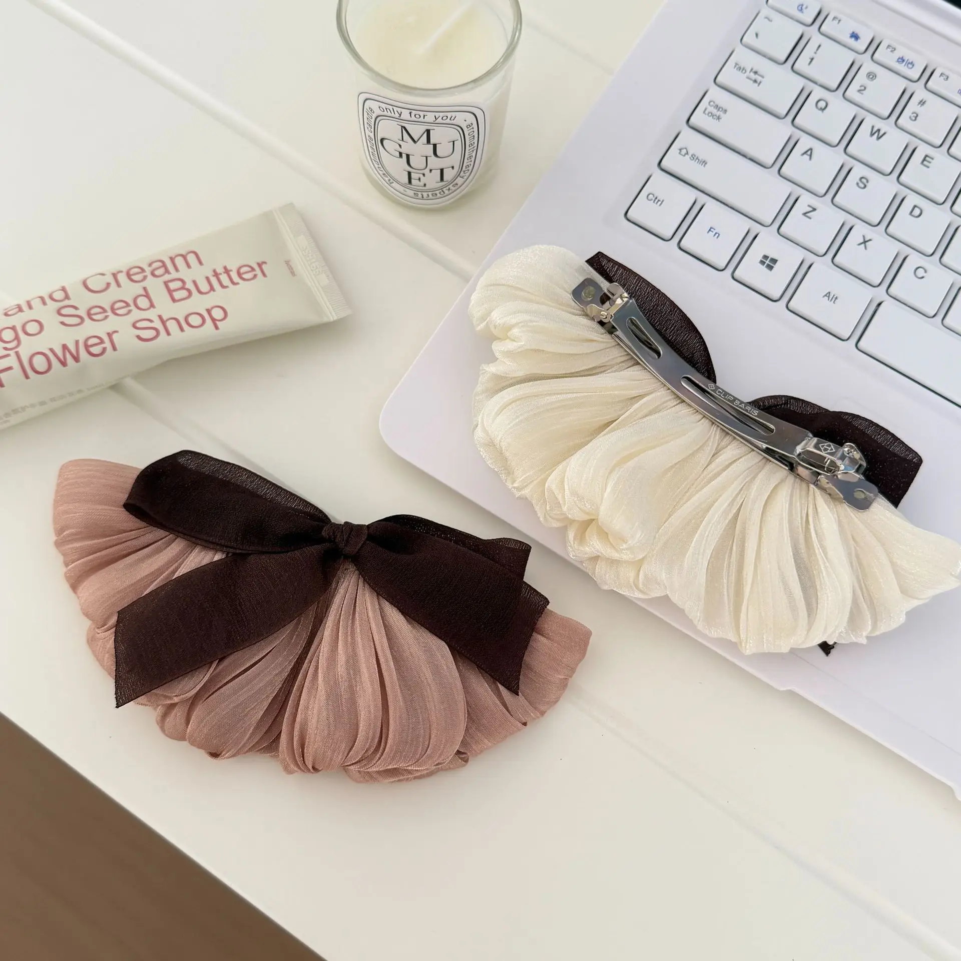 

One Piece Spring Clip Satin Bow Pleated Design for Back Head Half Up Non Slip Elegant Hair Accessory High Quality Daily Wear