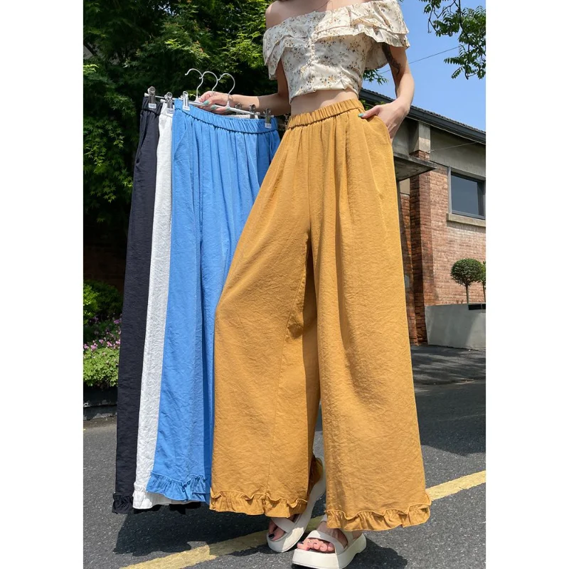 

Свободные и милые повседневные брюки с завышенной талией и широкими штанинами с цветочным краем