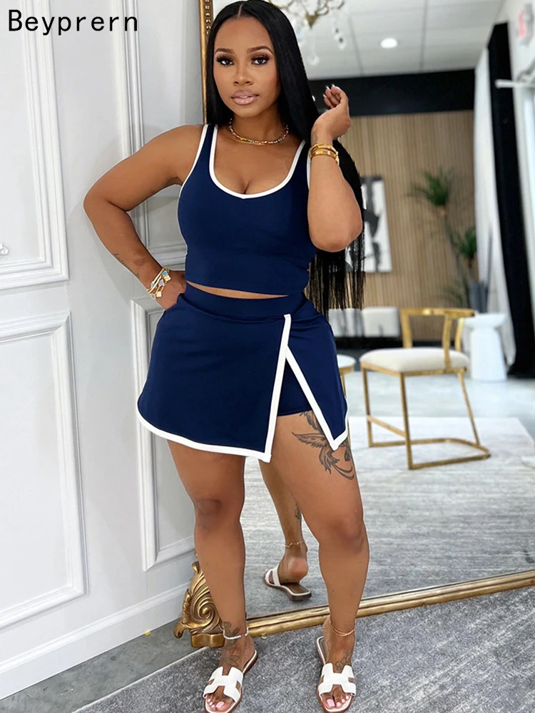 

Beyprern Womens Contrast Color Tank Top And SKirt Set 2 Piece Outfits Stylish Patchwork Tracksuits Set Night Clubwear Overalls