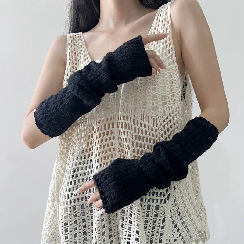 الخريف الشتاء المرأة طويلة الذراع كم محبوك مطاطا أصابع قفازات طالب الذراع أدفأ كومة القفاز تأثيري التبعي