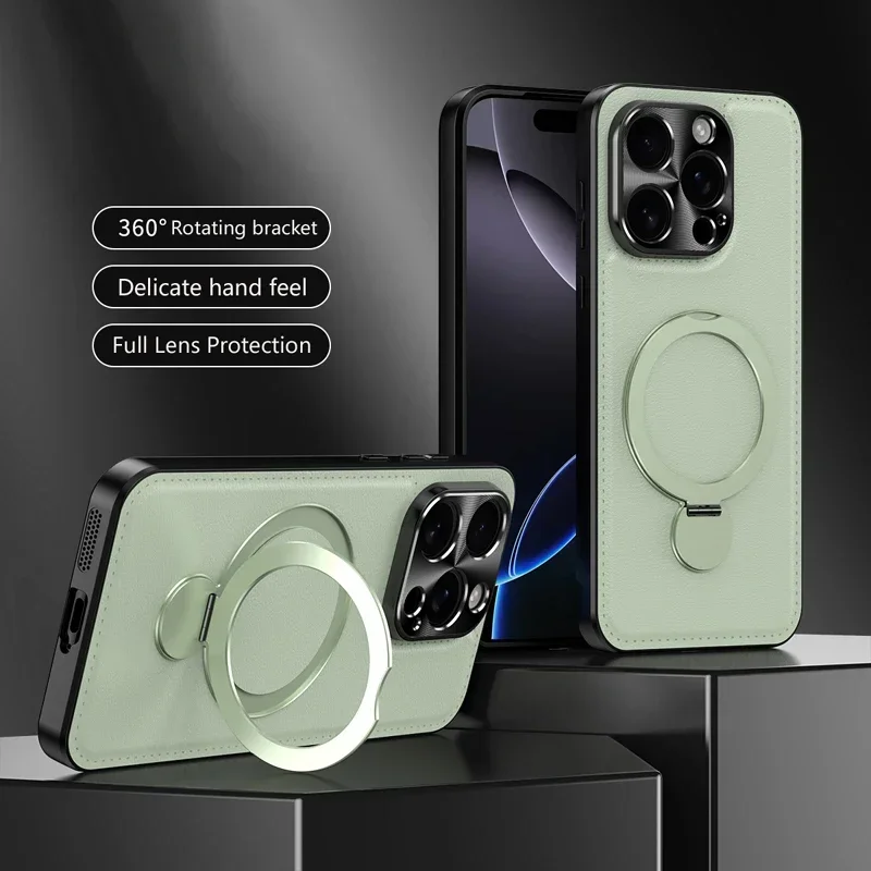 

With Metal Ring Holder Magnetic Wireless Charging Back Cover Cases For IPhone 17E 14 16E 15 17 Pro Max Soft Leather Phone Case