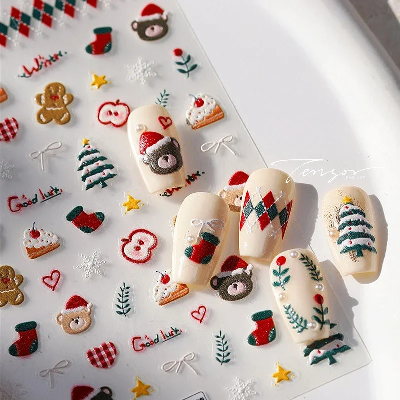 Christmas Tree Winter Cake Apple Bear Bowknot Cane Star Socks Flower Santa Crystal Ball Star Nail Art Stickers Manicure Decals