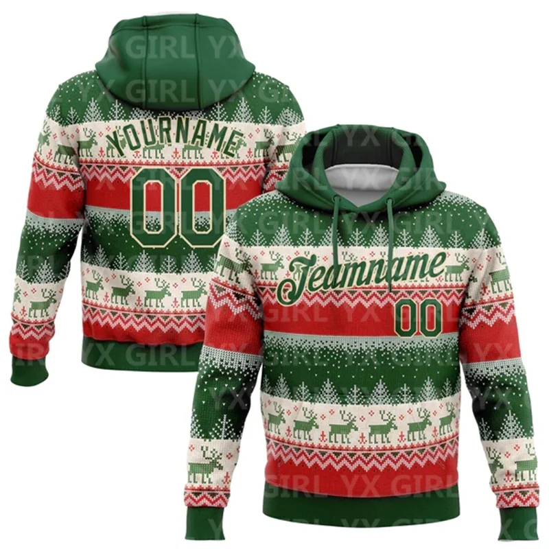 Custom Text and Numbers Red Kelly Green-White 3D Christmas Trees Sports Pullover Sweatshirt Hoodie Christmas Gift