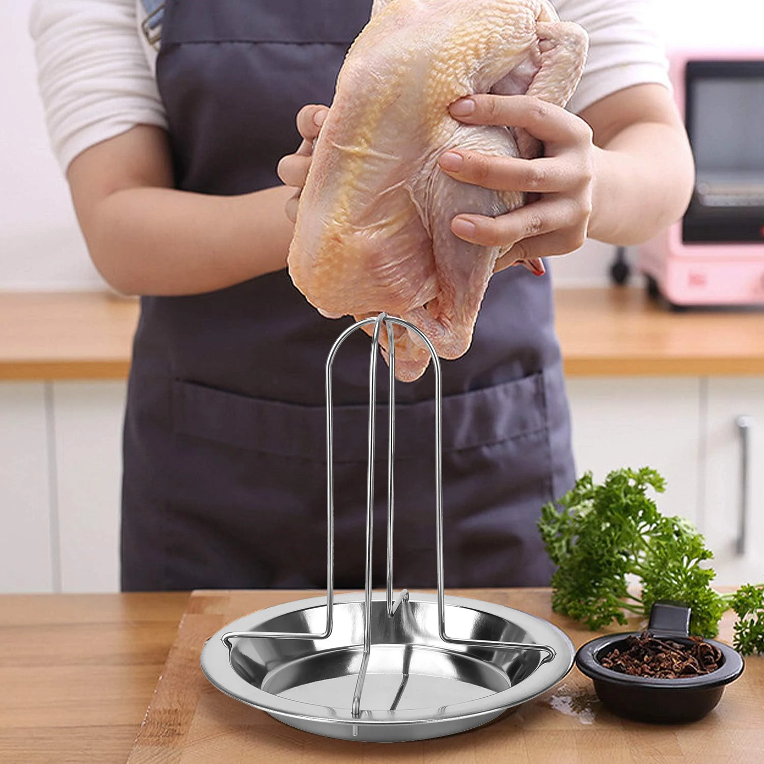 Roasting Chicken Grill Stand Roaster Rack with Tray Kitchen Outdoor BBQ Tools Stainless Steel Non-stick Grilled Chicken Plate view 2