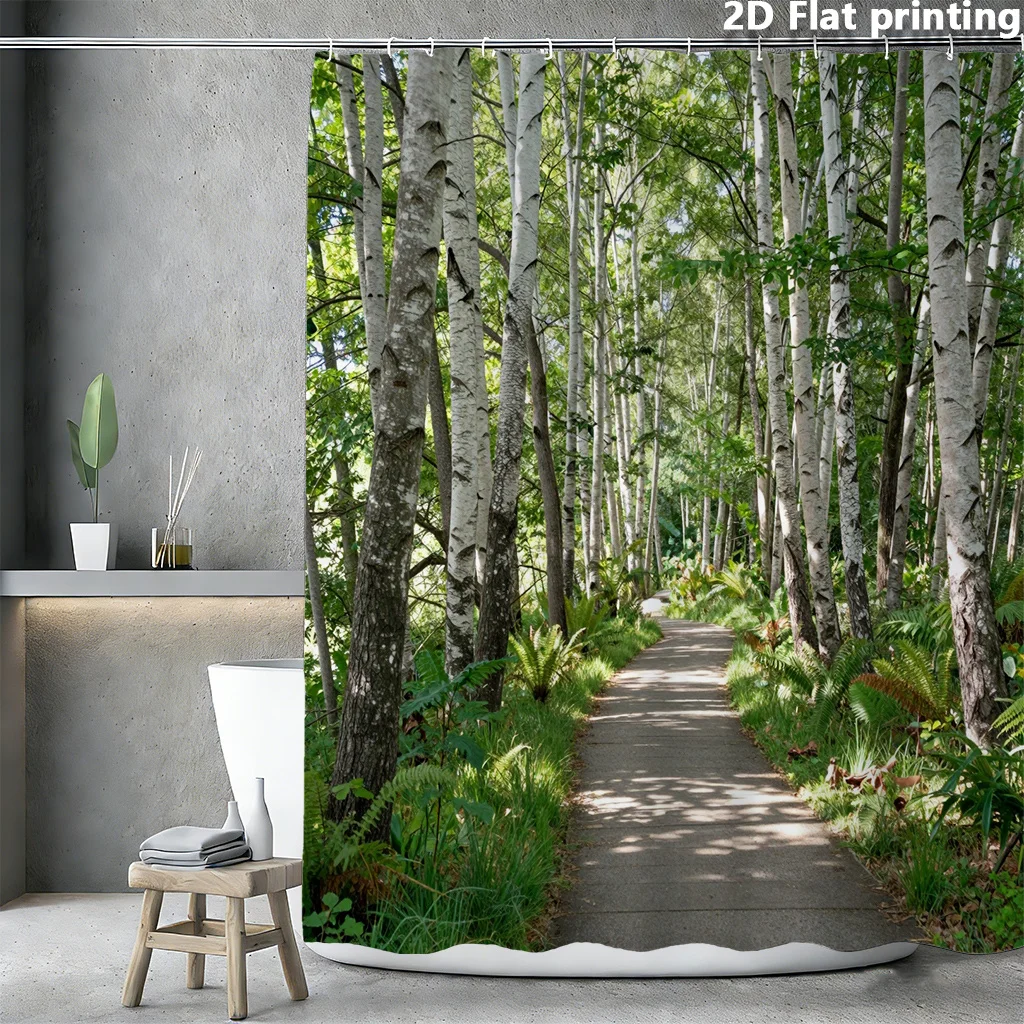 Rideau de douche 2D plat, 1 pièce, motif forêt de bouleaux avec grands arbres blancs et allée végétale luxurante - Vert naturel et blanc pour salle de bain