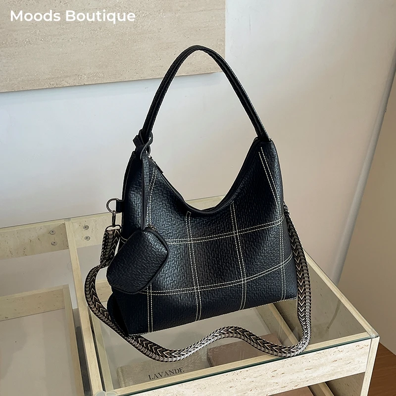 Large Capacity Women Hobo Tote Bag Black Contrast Stitch Plaid Shoulder Bag Detachable Wide Strap Crossbody Bag With Coin Pouch