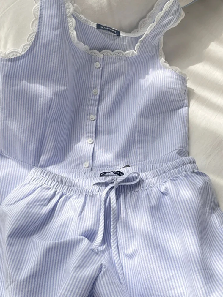 

2025 New Korean Sle Striped Ruffle Collar Vest Spwear Women's Spring Autumn irt Strap Home Clothes Set ort Pants