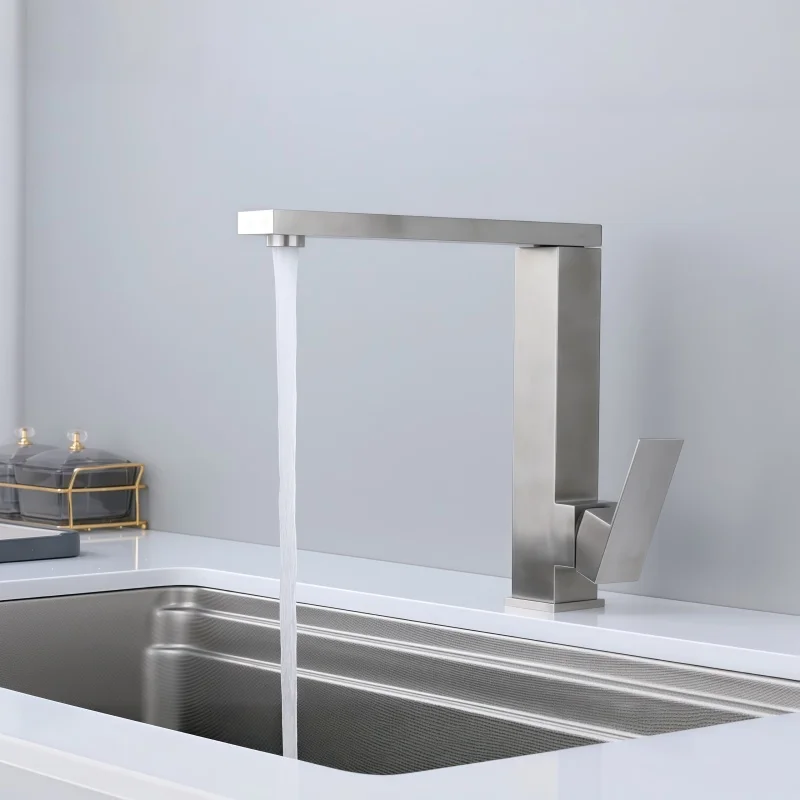 304 Stainless Steel Square Sink Kitchen Faucet Household Splash-Proof Rotatable Hot and Cold Mixer Faucet