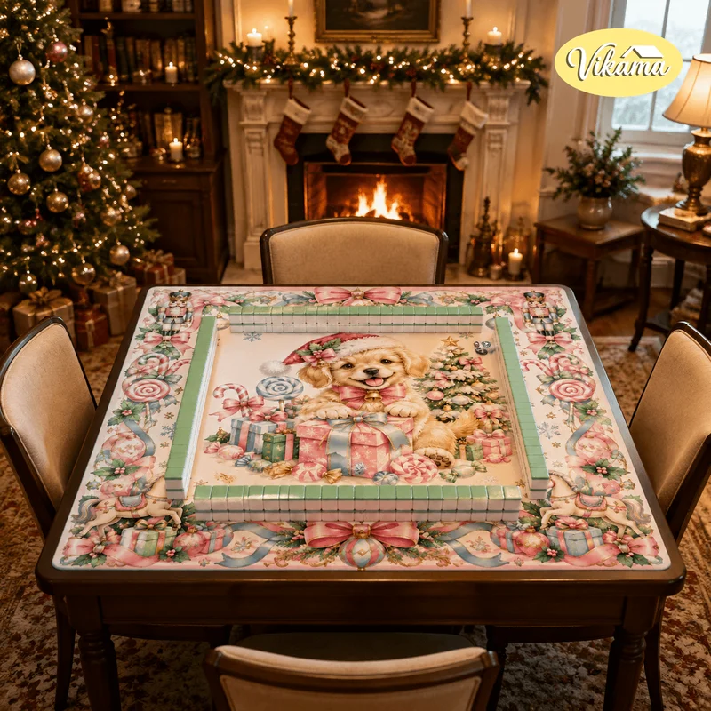 Christmas Golden Retriever Puppy Mahjong Mat Non Slip Washable Table Cover for Family Game Night Living Room Holiday Gift