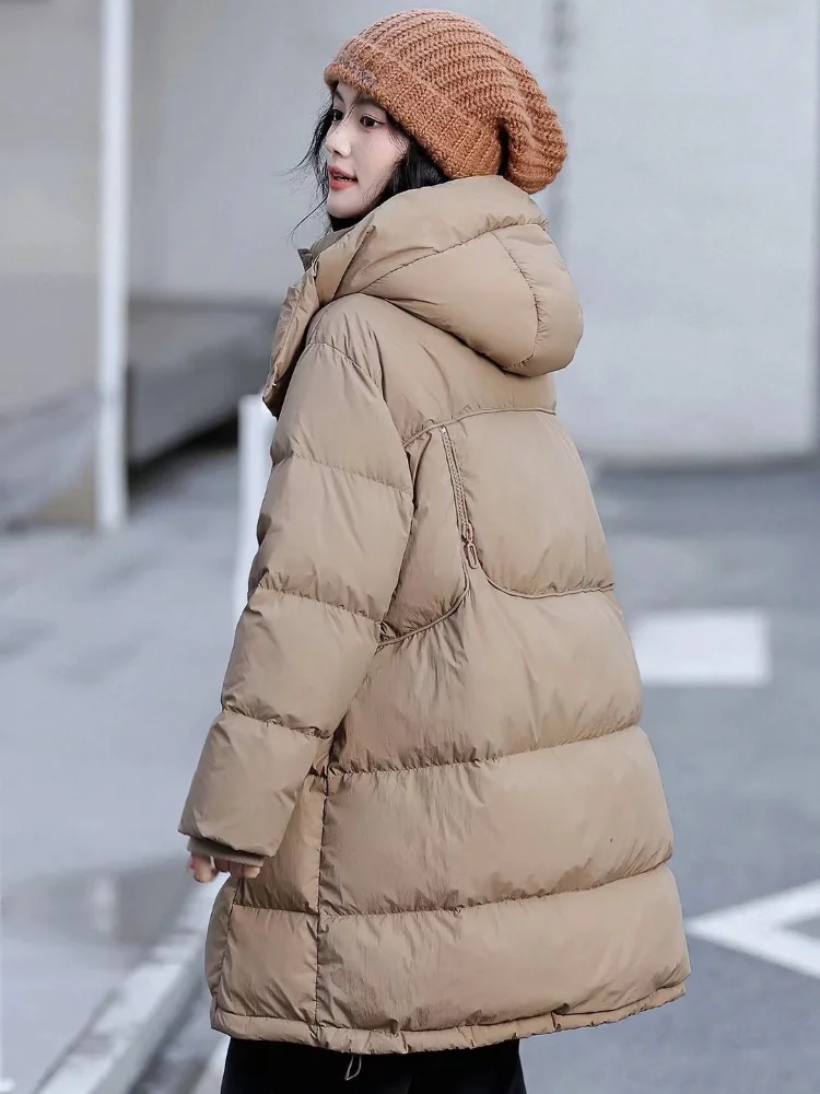 2024 New Women\'s Down Jacket Hooded Parkas Simple 90 White Duck Down Light Fluffy Warm Jacket Medium-length Bread Down Jacket