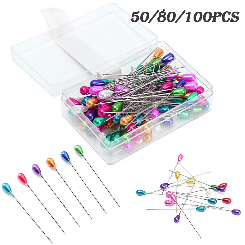 50/80/100Pcs Long Pearl Head Sewing Pins Pear Shaped Color Straight Pin for DIY Crafting Quilting Needle Dressmaker Sewing Tools