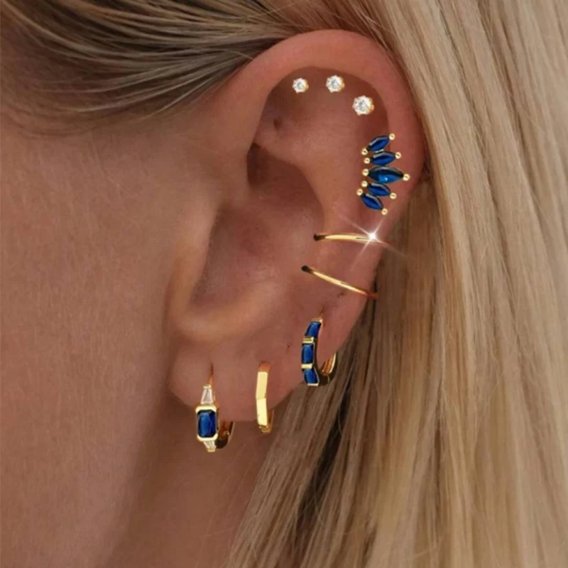 7 PCS ON CZ Earrings Set Gold Color Cute Hoop Green Fuchsia Blue Cubic Zirconia Stone Multi Color Available Inns Jewelry Set