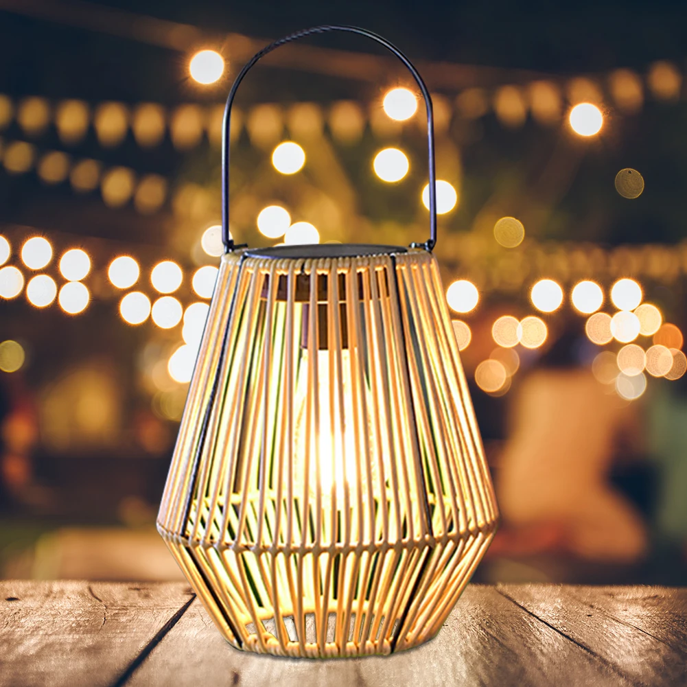 

Outdoor Rattan Solar Lantern Waterproof Hanging Bamboo Chandelier Lamp with Handle Solar Powered Decorative Light for Garden