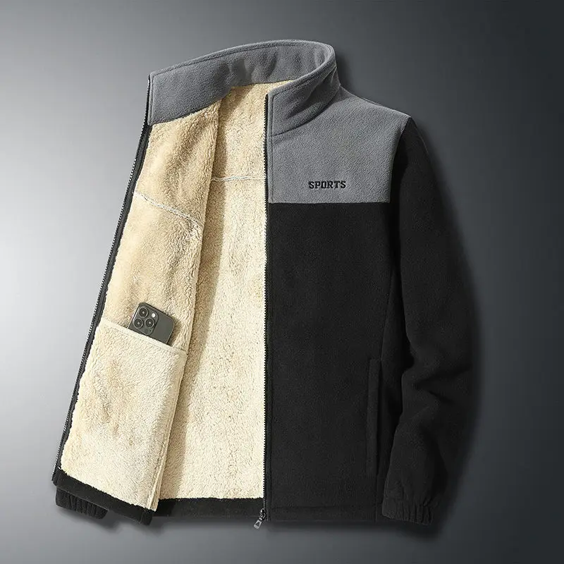 Polar Fleece Jacket Men Contrast Color Embroidery Letter Pockets Warm Coats Thickened Outdoor Leisure Fleece Cardigan Sweatshirt