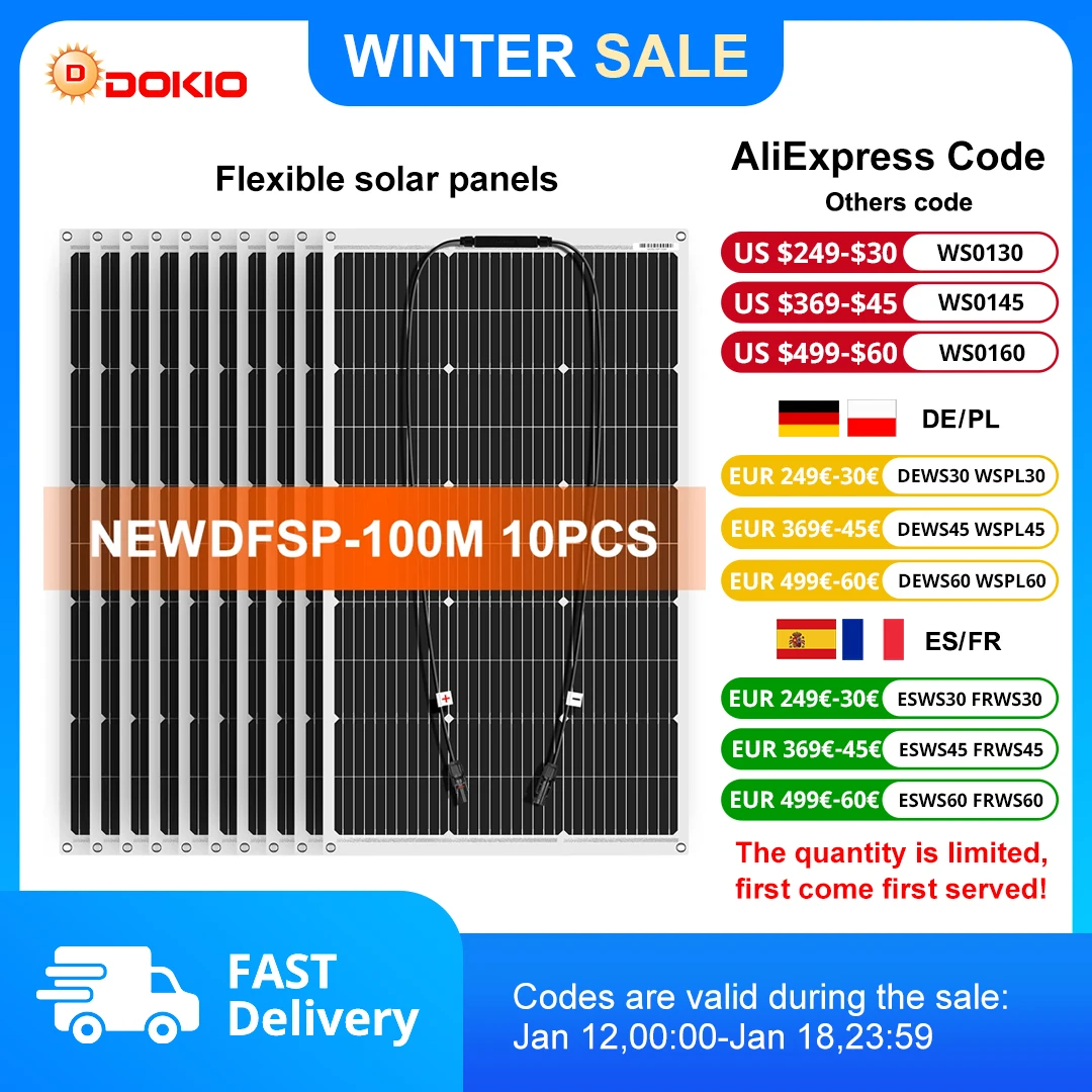 Dokio 18 В 10 шт. 100 Вт Гибкая солнечная панель Монокристаллическая солнечная панель для автомобиля/дома Водонепроницаемая зарядка 12 В 1000 Вт Солнечная панель