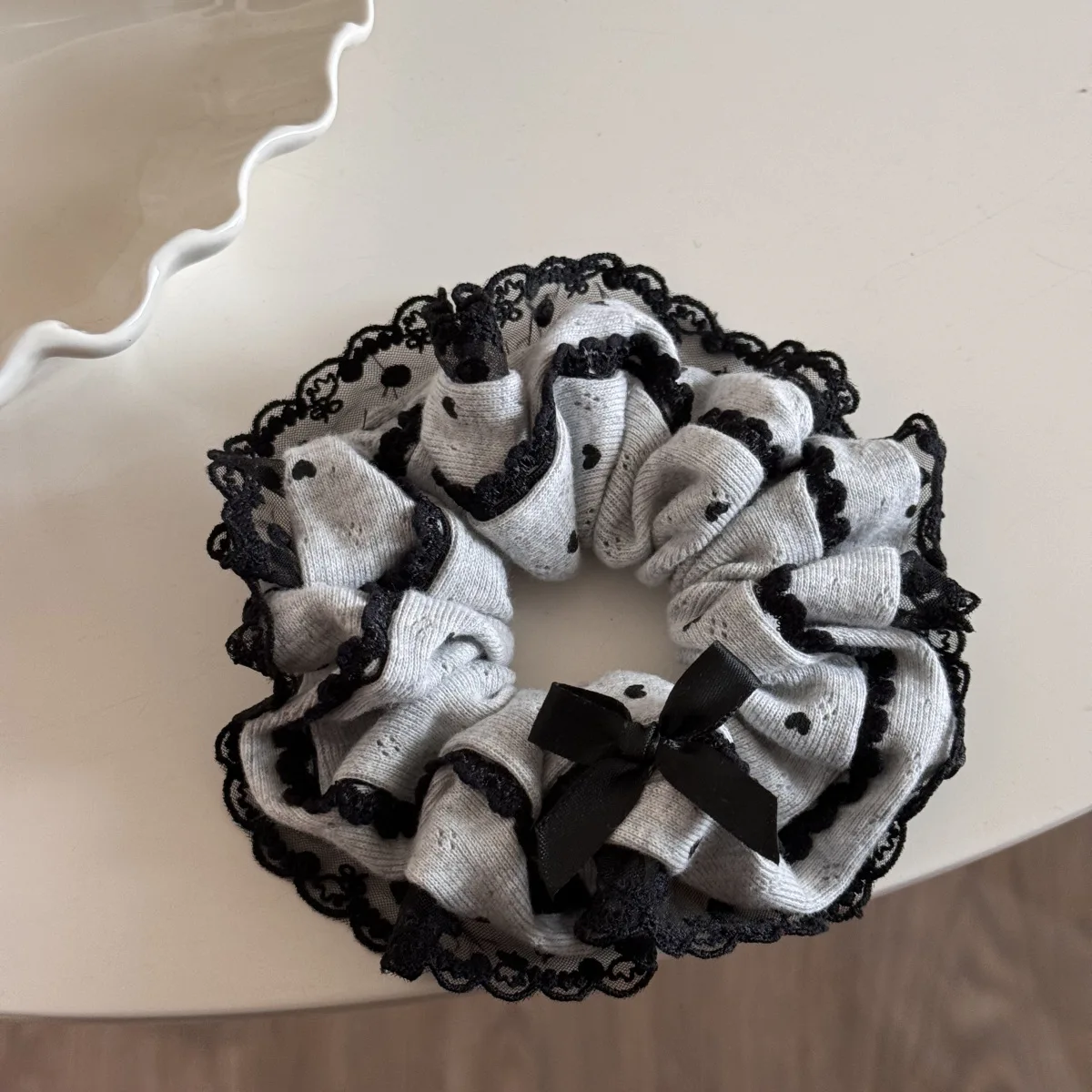 Korean New Retro Grey Love Heart Bowknot Lace Elastic Scrunchie Simple Fashion Fold Large Hair Rope Hair Accessories