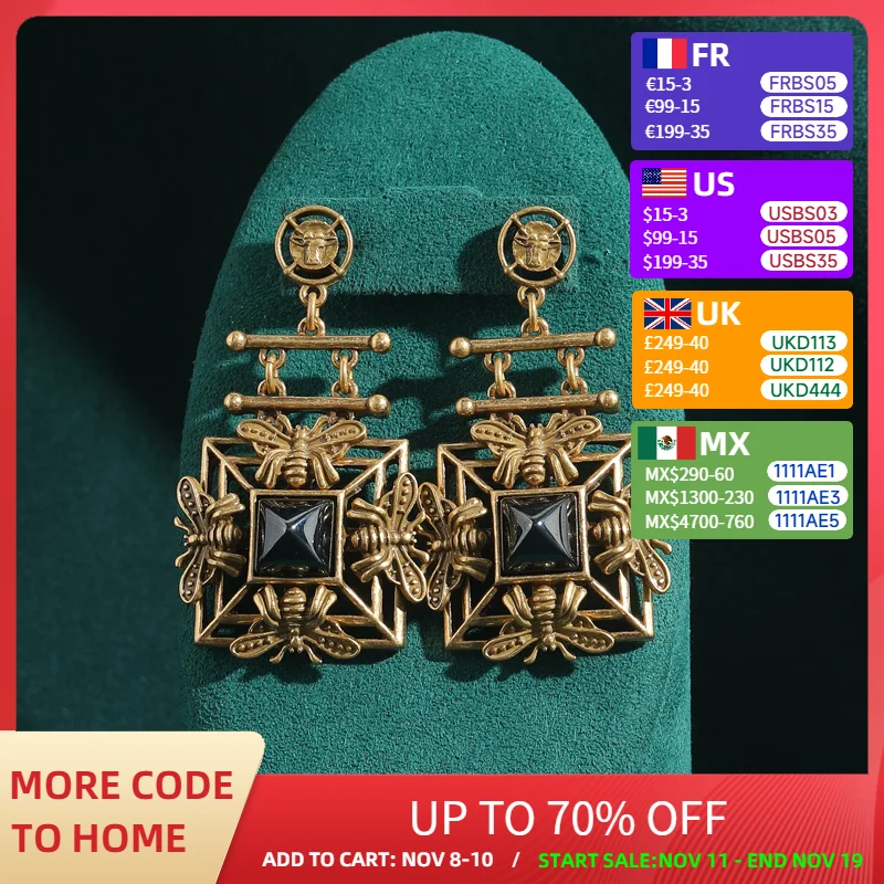 

Vintage Honeycomb Bee Black Earrings Square Gold Color Retro Distress Exaggerated Antique Jewelry Aesthetic Statement for Women
