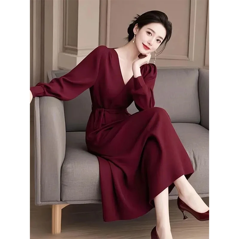 

Ele Silk Long Sve V-Ne Women's Dr Slimming Waist Design Autumn New Arrival High-End Faion Casual X-ape Gown
