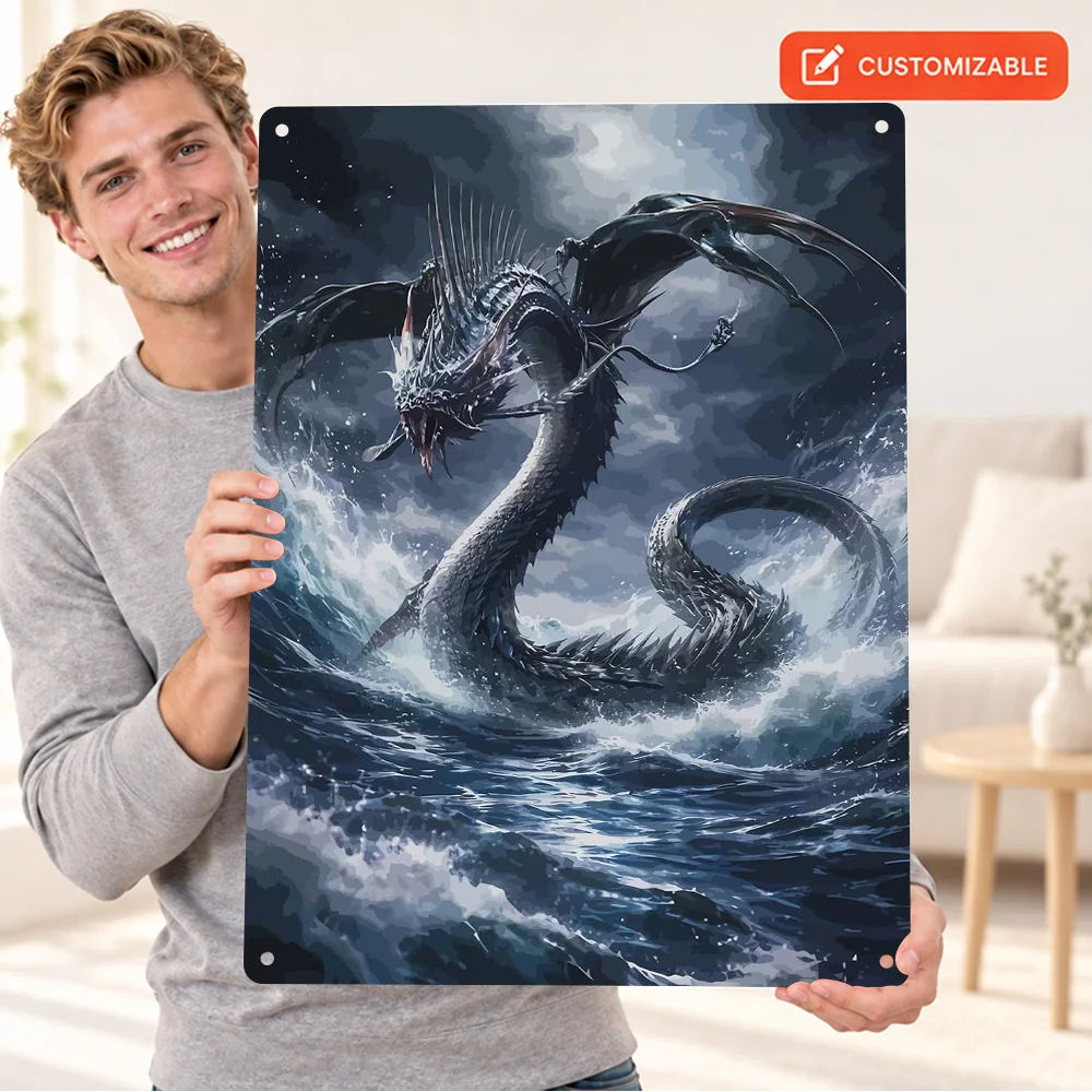 Sea Serpent Rising From Stormy Waters Textured Metal Poster Personalized Aluminum Sign Gothic Illustration Wall Art For Bedroom
