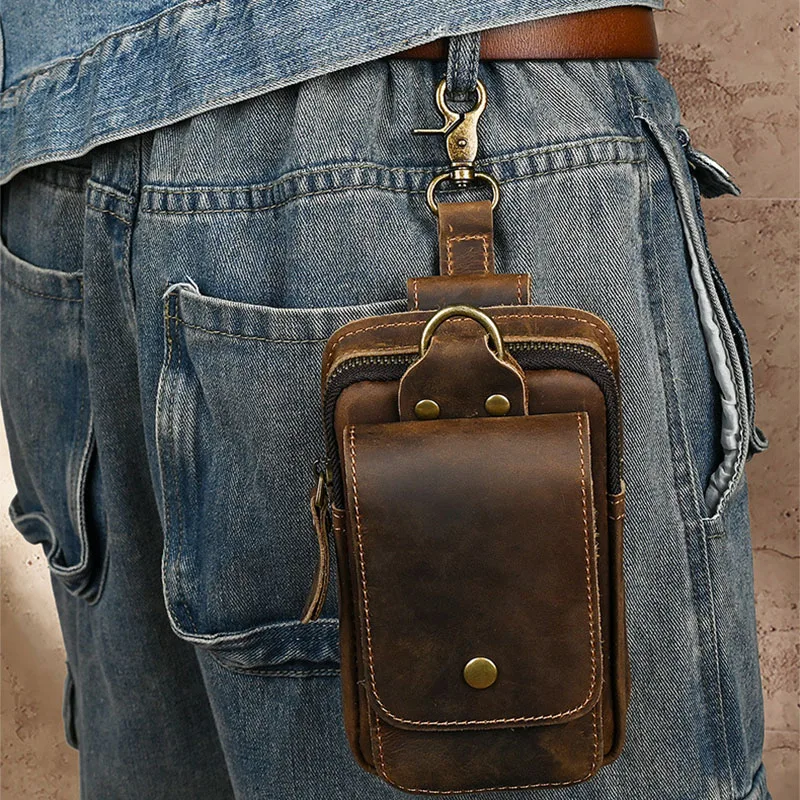 

Genuine Leather Single-shoulder Crossbody Bags Men Retro Phone Bag Male Vintage Multi-functional Top Layer Cowhide Waist Packs
