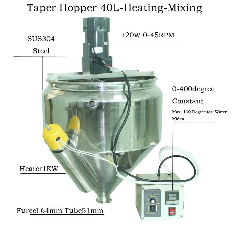 Heating and Mixing Hopper SUS304 Food safe refine polish container 50L 64mm Tri-clamp 1500W Heater for Piston Filling Machine