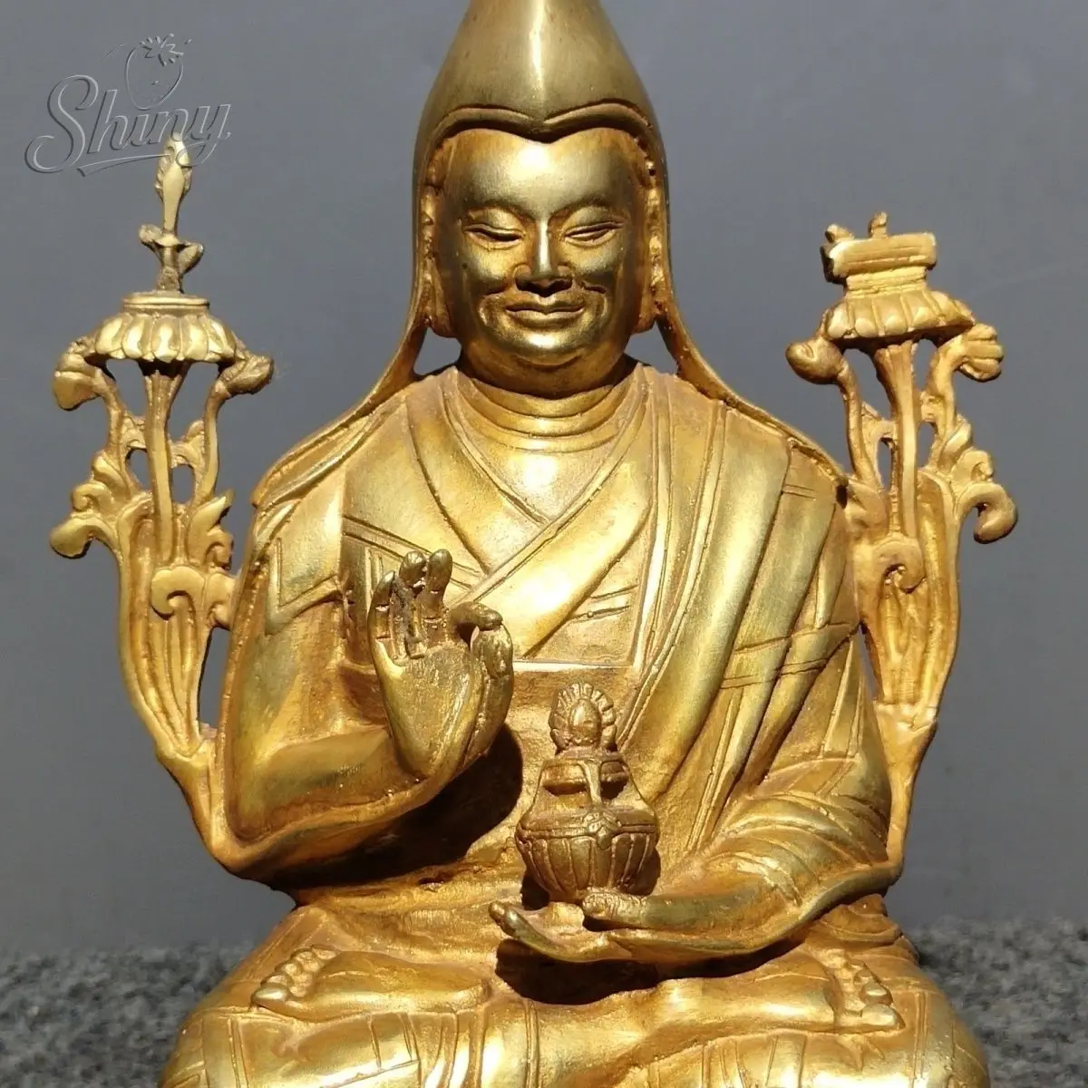 23cm Antique Solid Copper Esoteric Buddhist Statue Master Tsongkhapa Home Worship Buddha Figurine Buddhist Ornaments