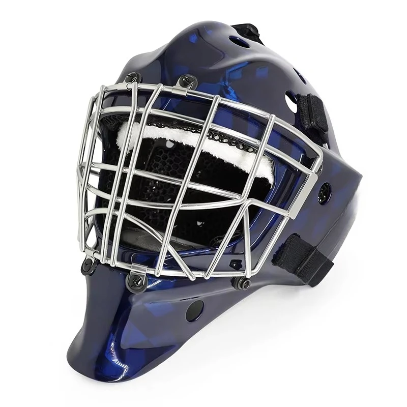 Adjustable Dual Goalkeeper Helmet for Ice Rink Hockey 3D Printed 3k Twill Braided Liner Blue Clear Gloss Coating