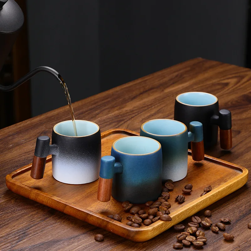 

Ceramic Tea Cup Creative Wood Handle Retro Kung Fu Tea Set Single Cup Espresso Mug