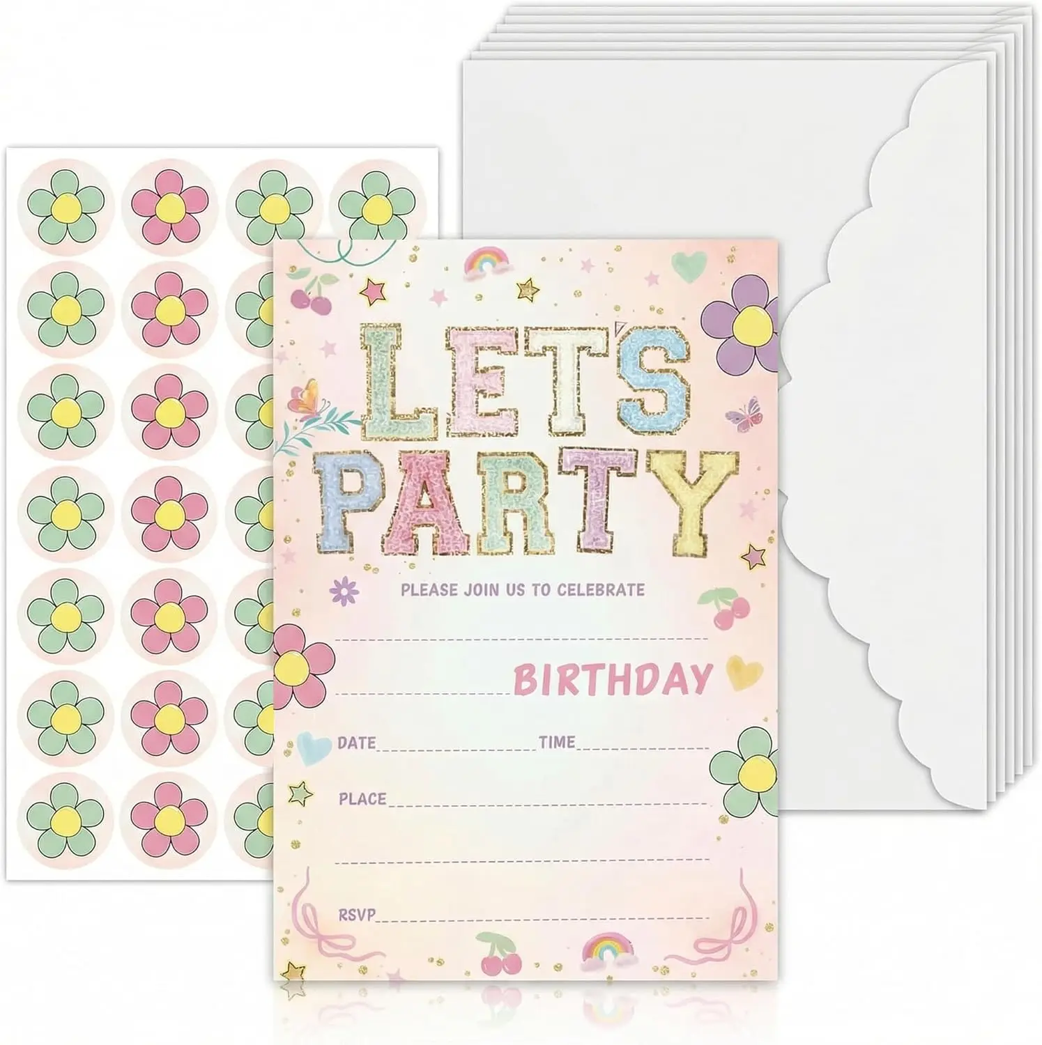 

20 Pack Birthday Invitations with Envelopes, 6x4 Inch Flower Design Fill-In Cards for Kids Party Supplies