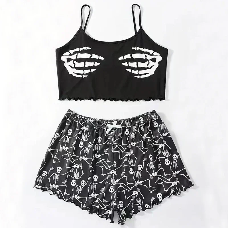 Women Sleepwear 2 PCS Pajama Set Short-Sleeved Tops and Shorts Suit Black Skull Print Ventilate Soft Comfort Loungewear