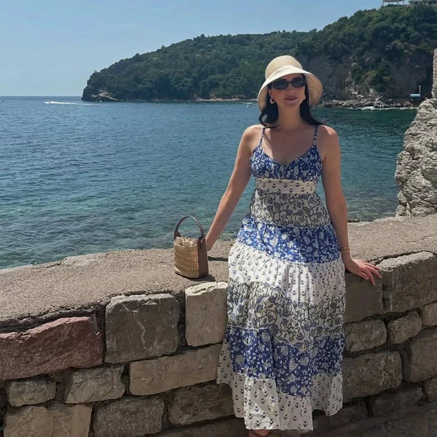 KONDALA レディース ブルー プリントドレス パッチワークプリント レイヤード スプライシング キャミ ロングドレス 新作 2025 夏 秋 ファッション ビーチ パーティー ドレス